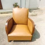 Leatherette and wood armchair moustache model
