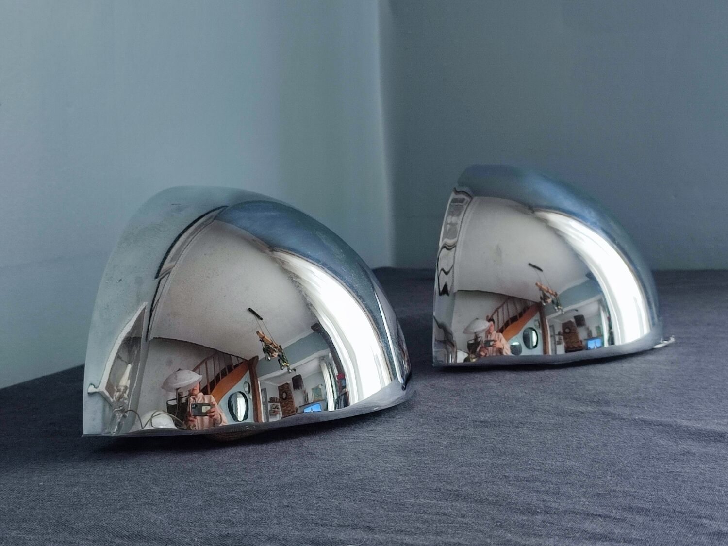 Pair of vintage chromed metal half-moon wall lamp