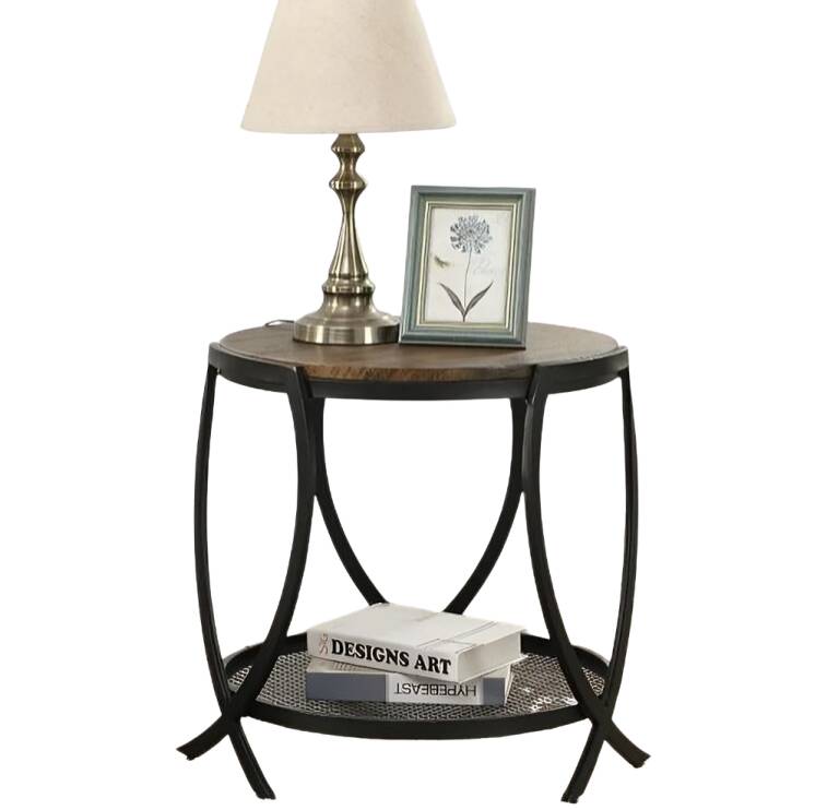Round Industrial End Table with Storage Shelf & Adjustable Feet, Rustic Brown Top, Black Metal Frame