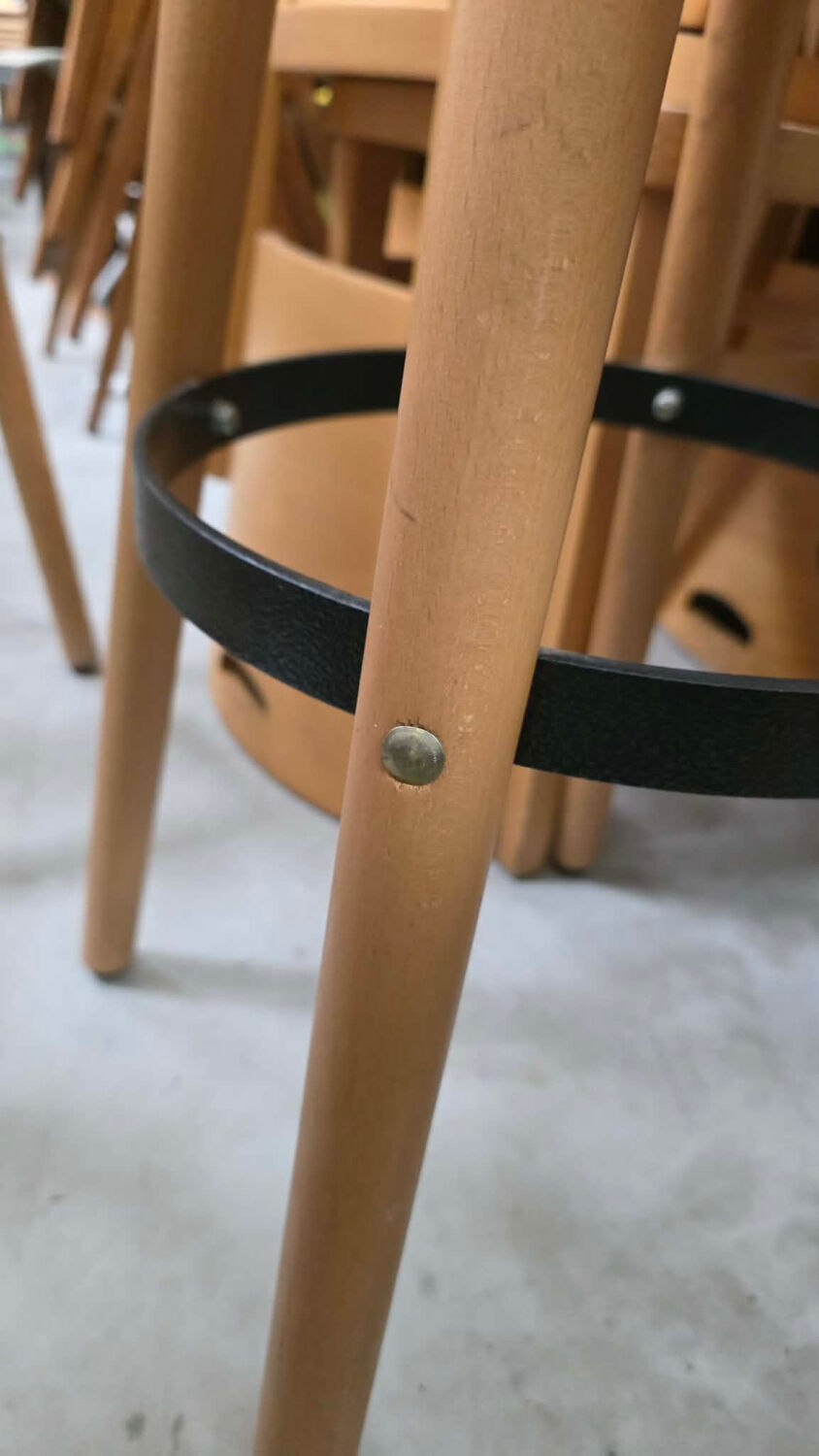 8 mid-century modern bar stools in beech and hammered iron