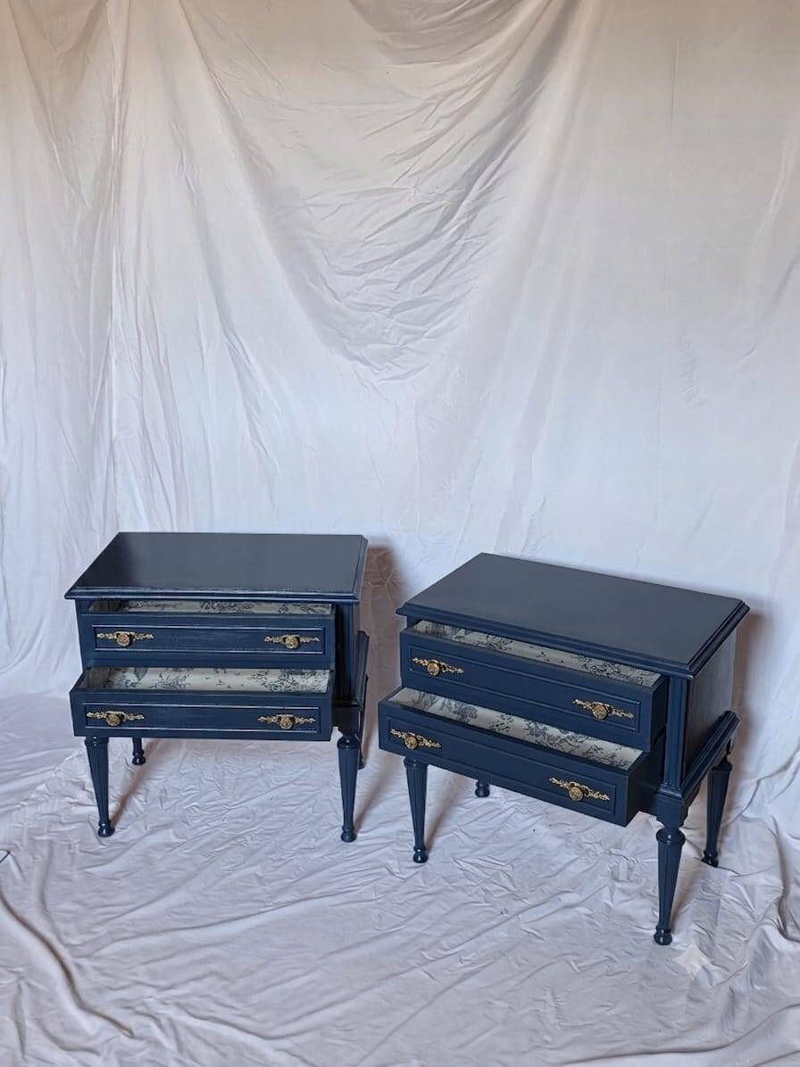Pair of restored vintage bedside tables in Louis XVI style.