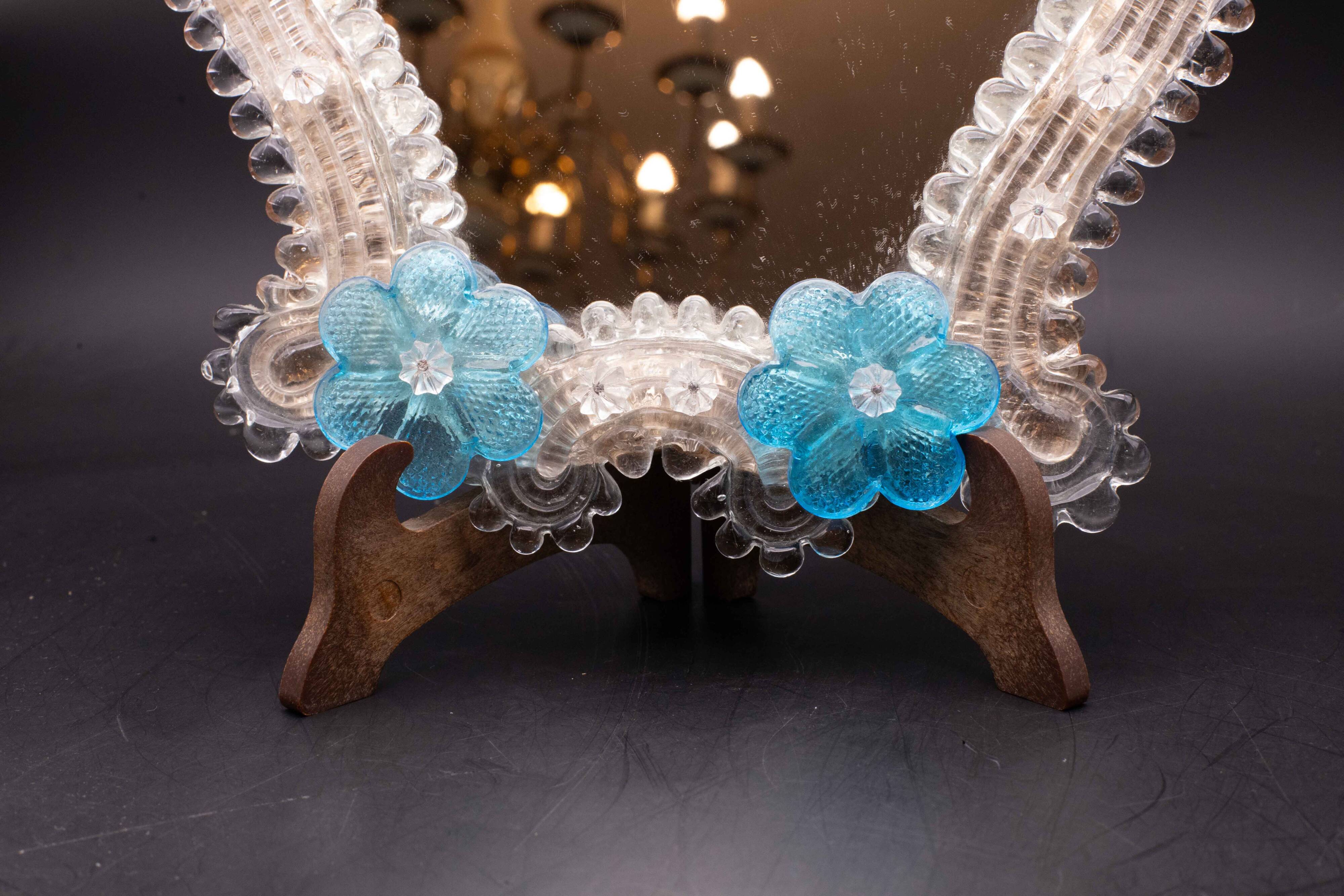 Classic Vintage Venetian Murano Bue Flower Glass Mirror, 1970s