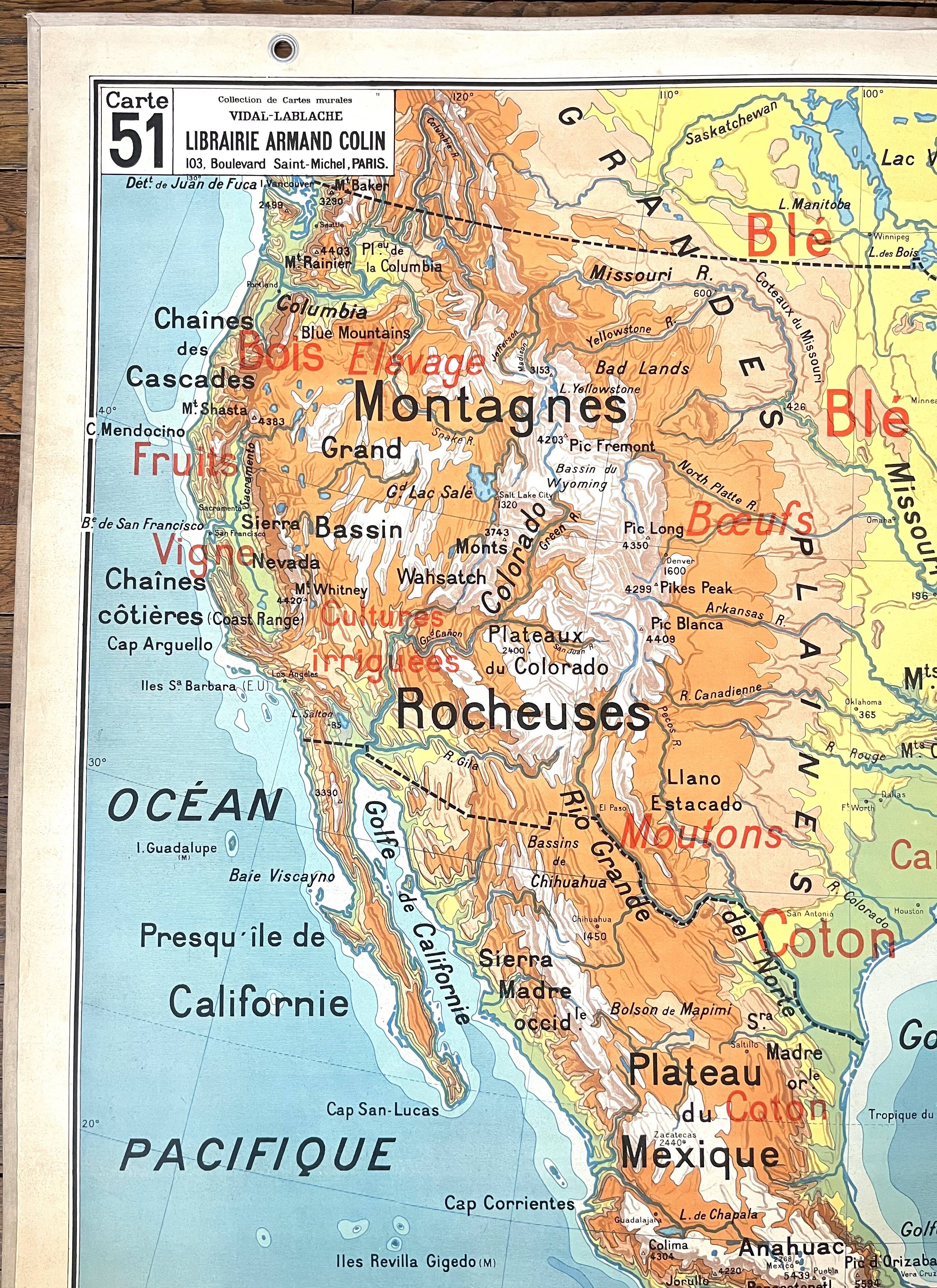 🌍 Old school map Vidal-Lablache 51, 1940 - United States, Mexico