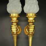 Large pair of torchiere sconces, hands, Louis XVI style - PETITOT bronze - 2 pairs available