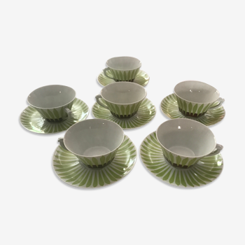 Service porcelaine à thé ou café vintage, aluminite Frugier, décor herbe stylisée