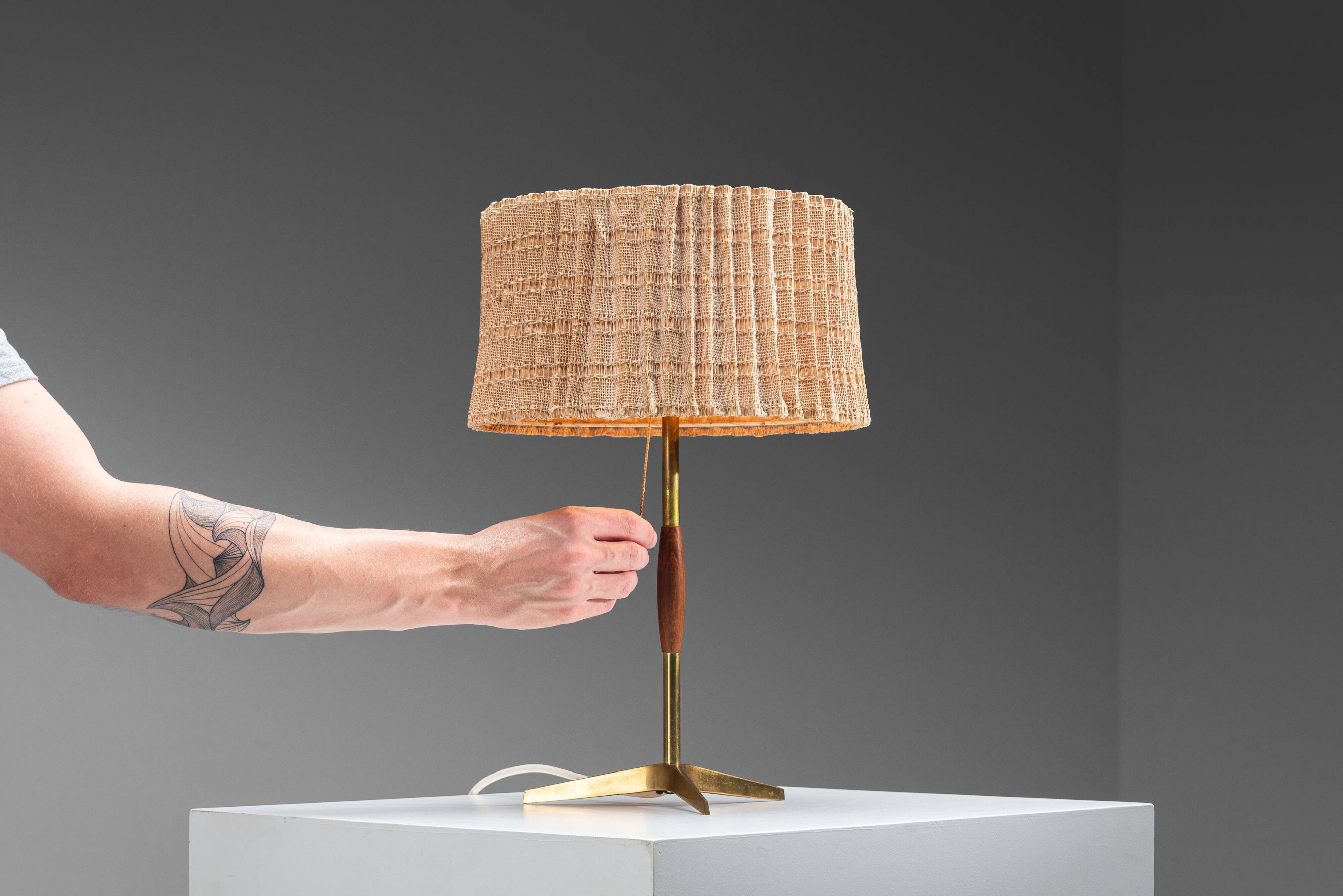 Mid-Century brass & wood table lamp