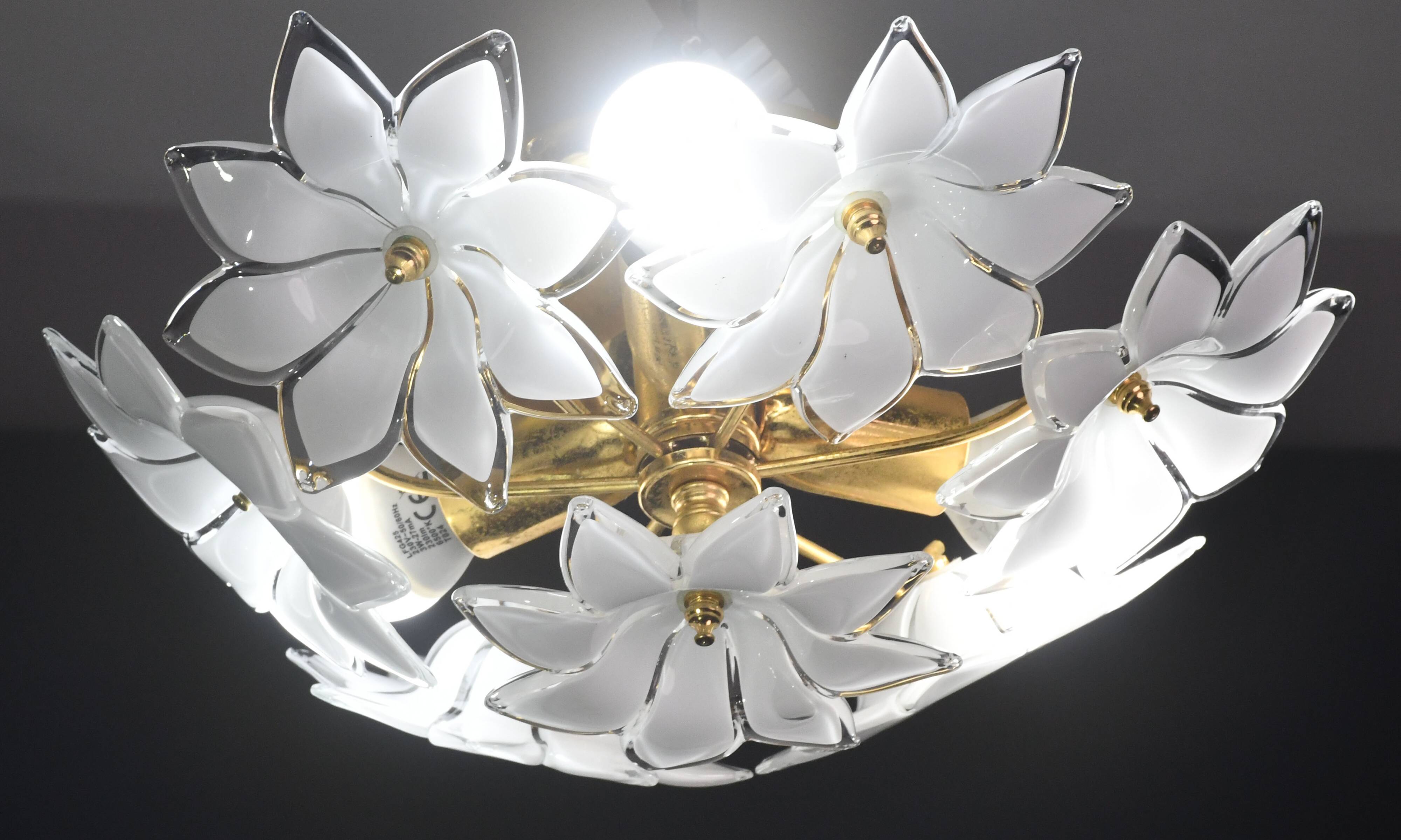 Set of 2 Charming Murano Vintage Ceiling Light White Flowers, 1970s