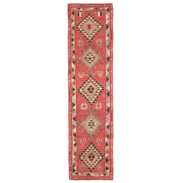 Vintage Turkish Oushak Handmade Wool Cotton Pink Runner Rug 86x362