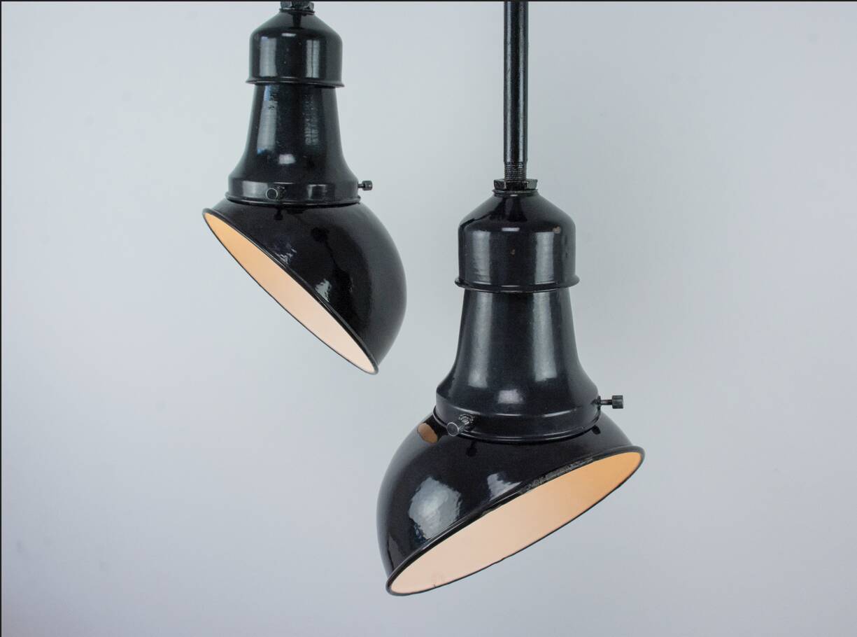 Set Of 2 Vintage Industrial Angled Enamel & Metal Black Lamps