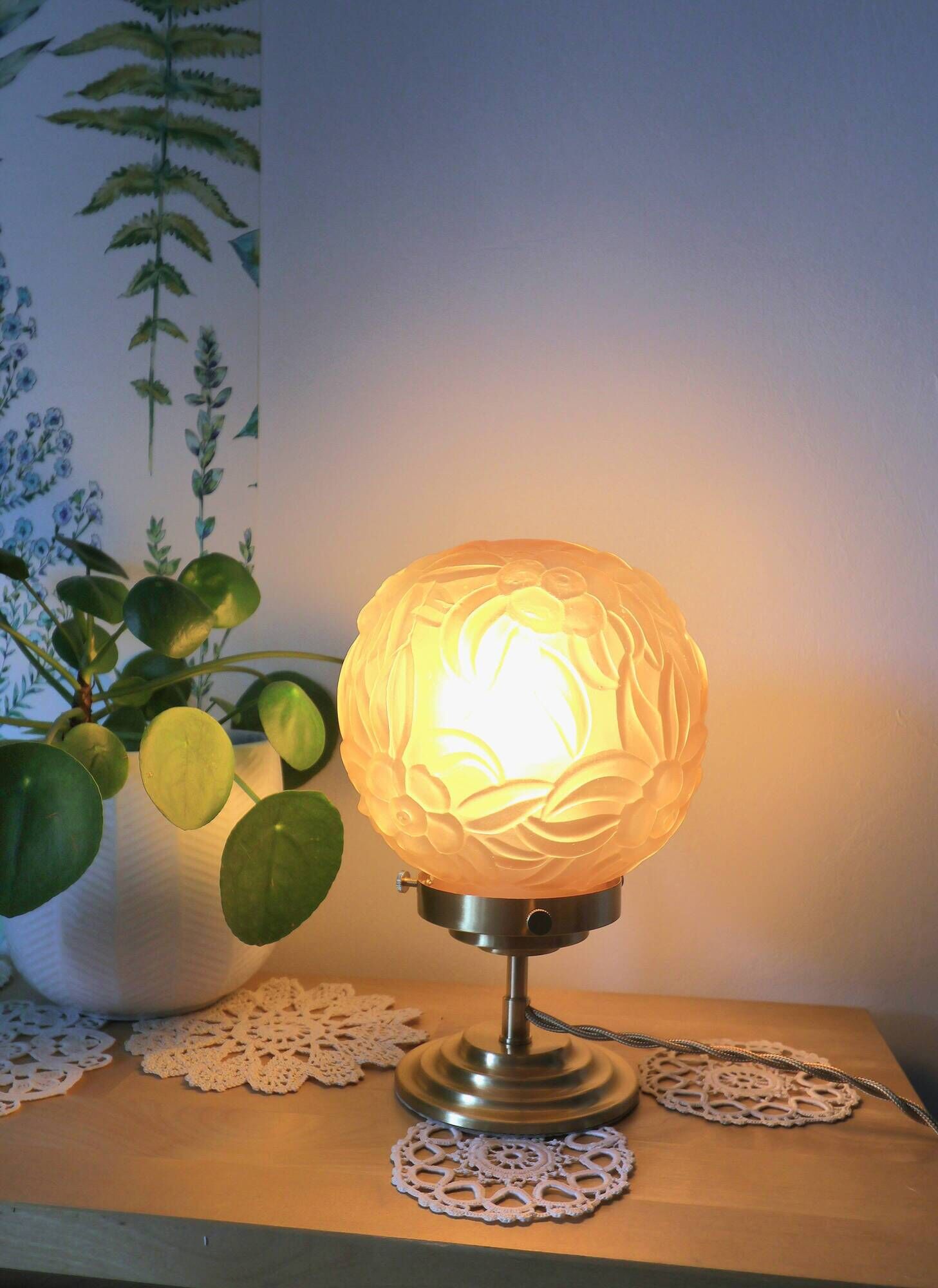 Art Deco floral table lamp, vintage pink opaline glass