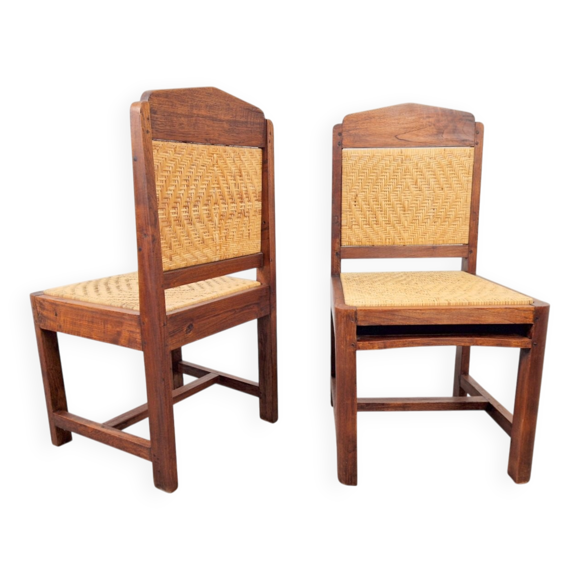 Dutch Art Deco Haagse School Oak and Rattan Webbing Chairs, 1930s, Set of 2