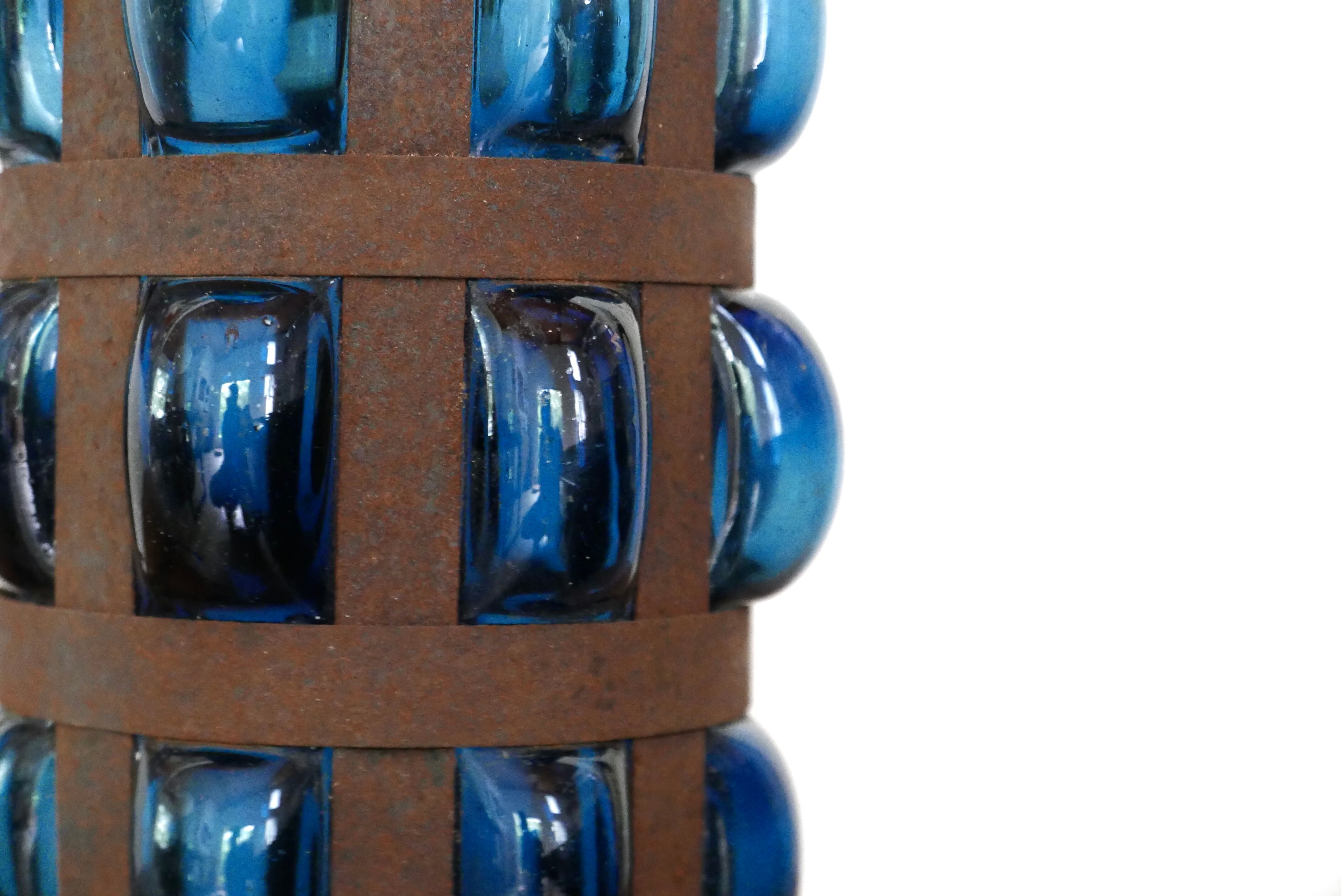 Blue blown glass and metal pendant light, 1970s