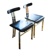 Pair of vintage Italian made dining chairs in chromed metal and black leather
