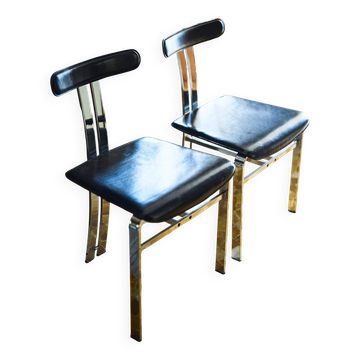 Pair of vintage Italian made dining chairs in chromed metal and black leather