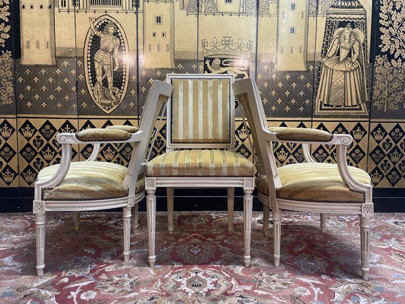Pair of Louis XVI style cabriolet armchairs and Louis XVI chair