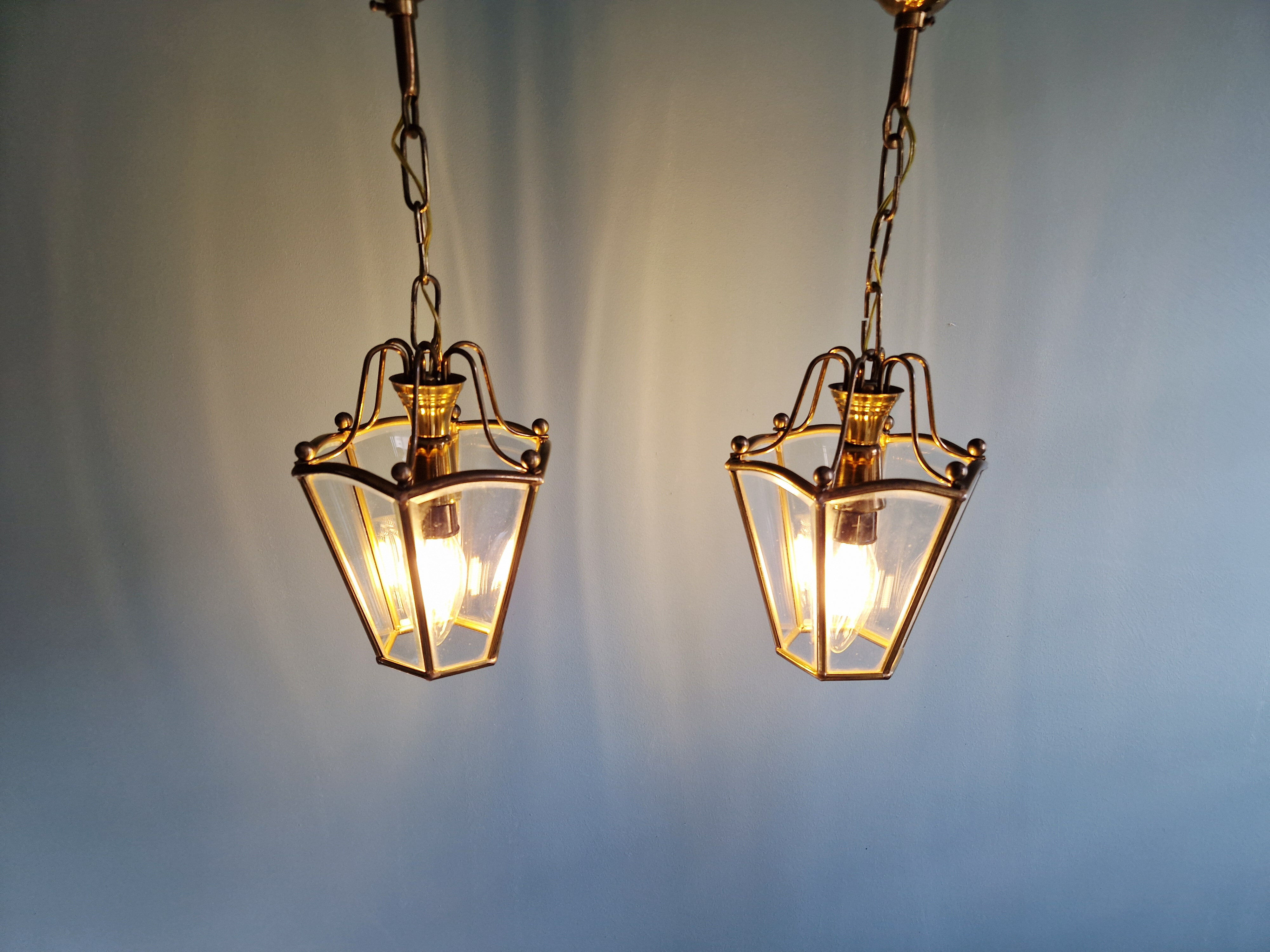 Pair of brass and bevelled glass pendant lights/lanterns, 1950-60.