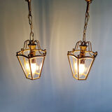Pair of brass and bevelled glass pendant lights/lanterns, 1950-60.