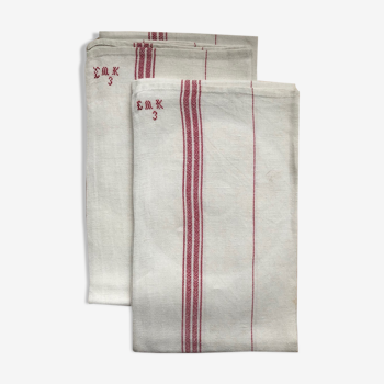 Set of 2 tea towels in linen and white cotton with red stripes. MONOGRAM EMK 3