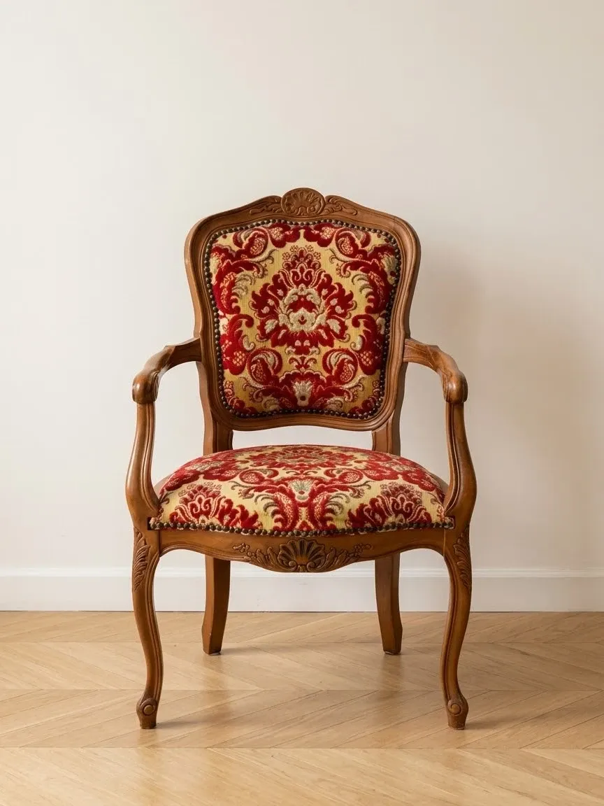 Louis XV style armchair in solid wood with red and gold damask fabric.