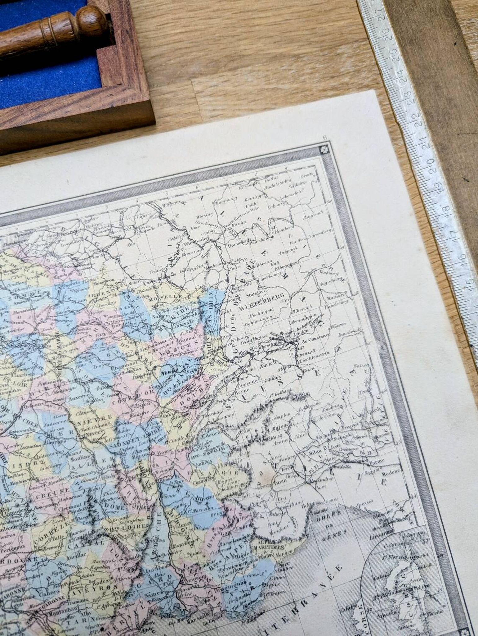 France and departments, old map, printed in 1852. Authentic.