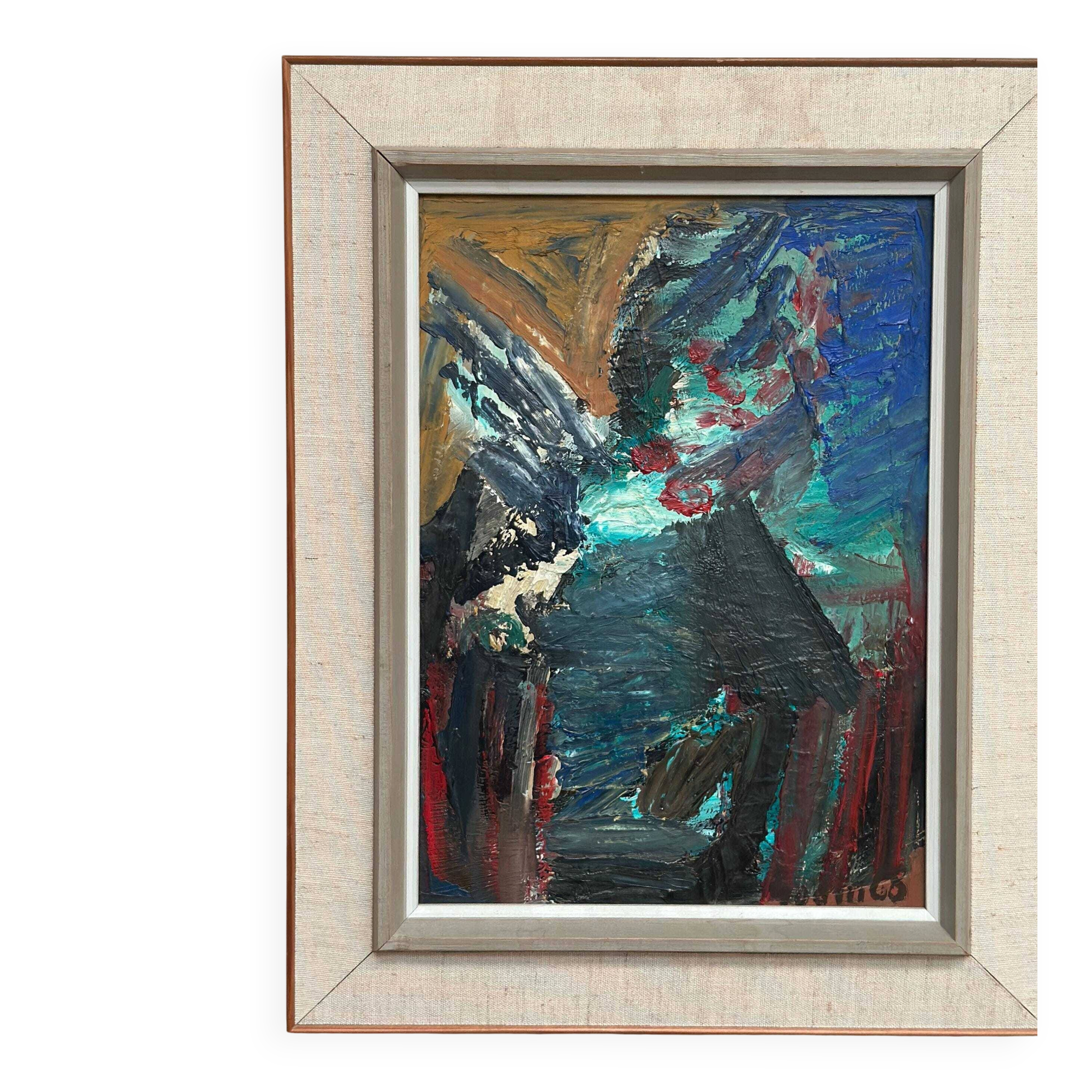 Huile sur panneau suédoise d'époque mi-siècle – « Motif abstrait » par Ragnar Godin – 68 vintage et encadrée