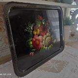 Plateau russe en tôle noire peinte à la main