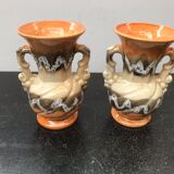Paire de vases ancien céramique multicolore avec 2 anses vintage