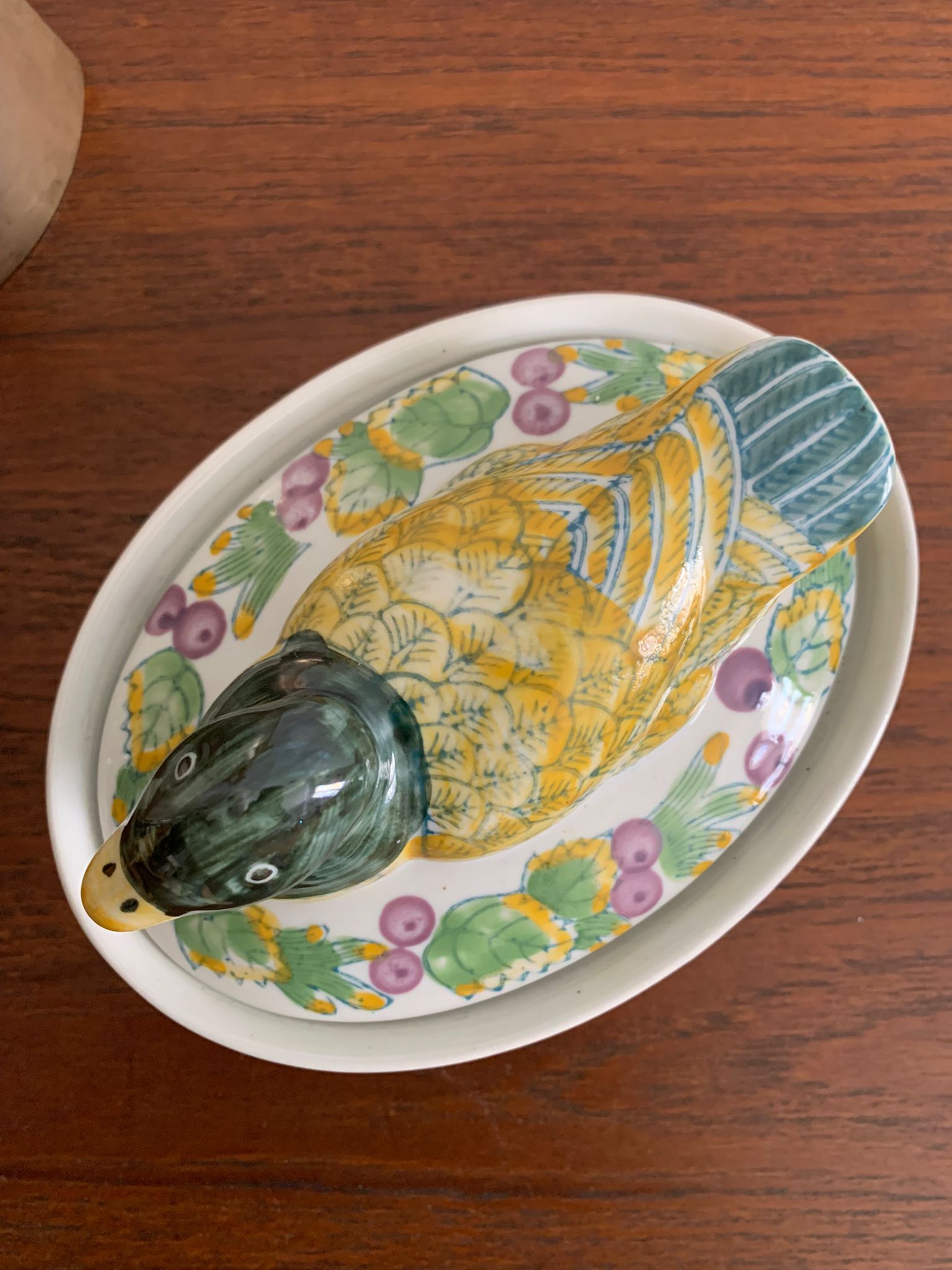 Barbotine terrine dish duck vintage 1970