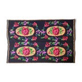 Hand-woven wool carpet black background with large roses 214x158cm