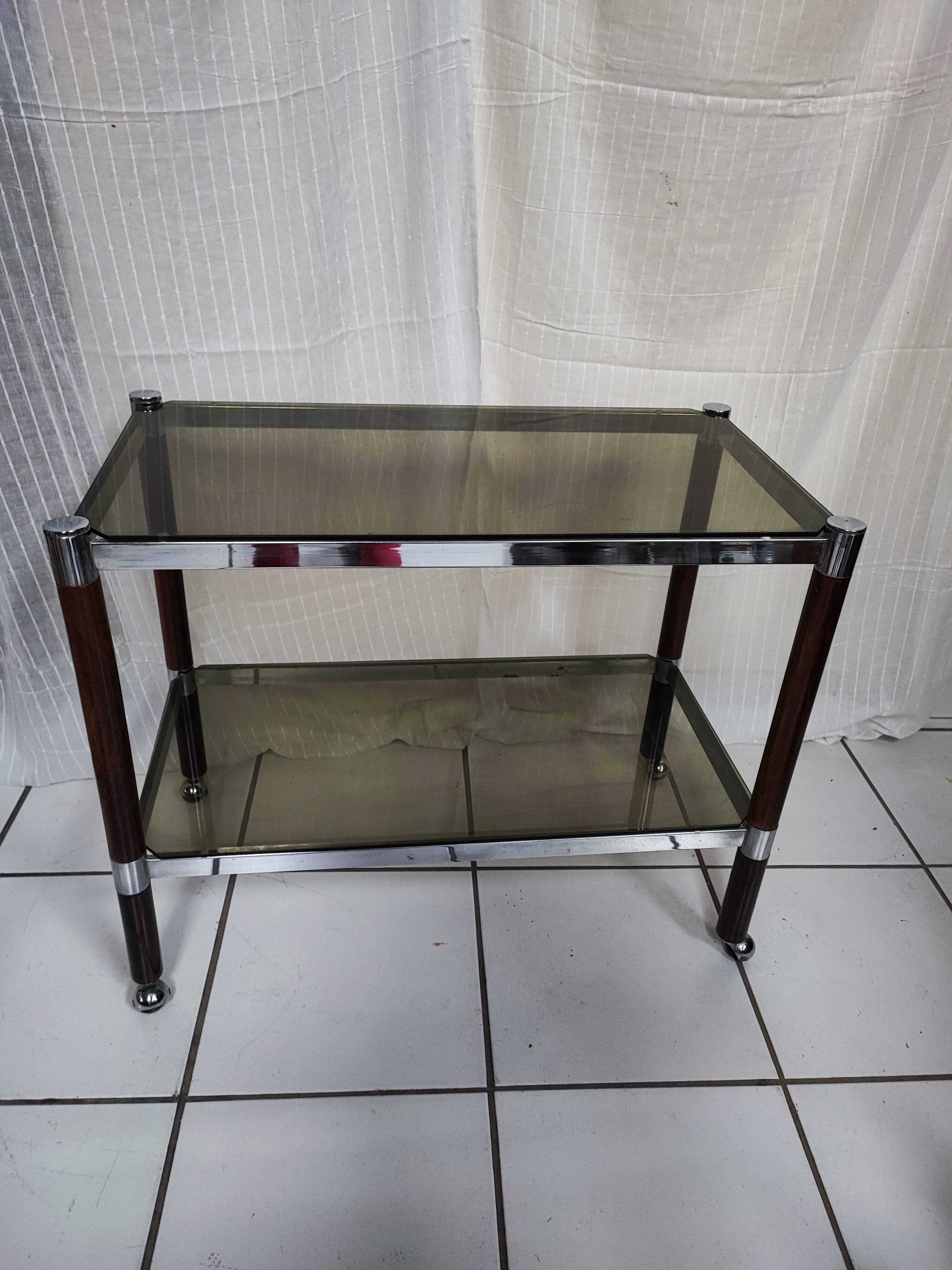 Smoked glass service two trays base wood and chrome metal