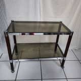 Smoked glass service two trays base wood and chrome metal