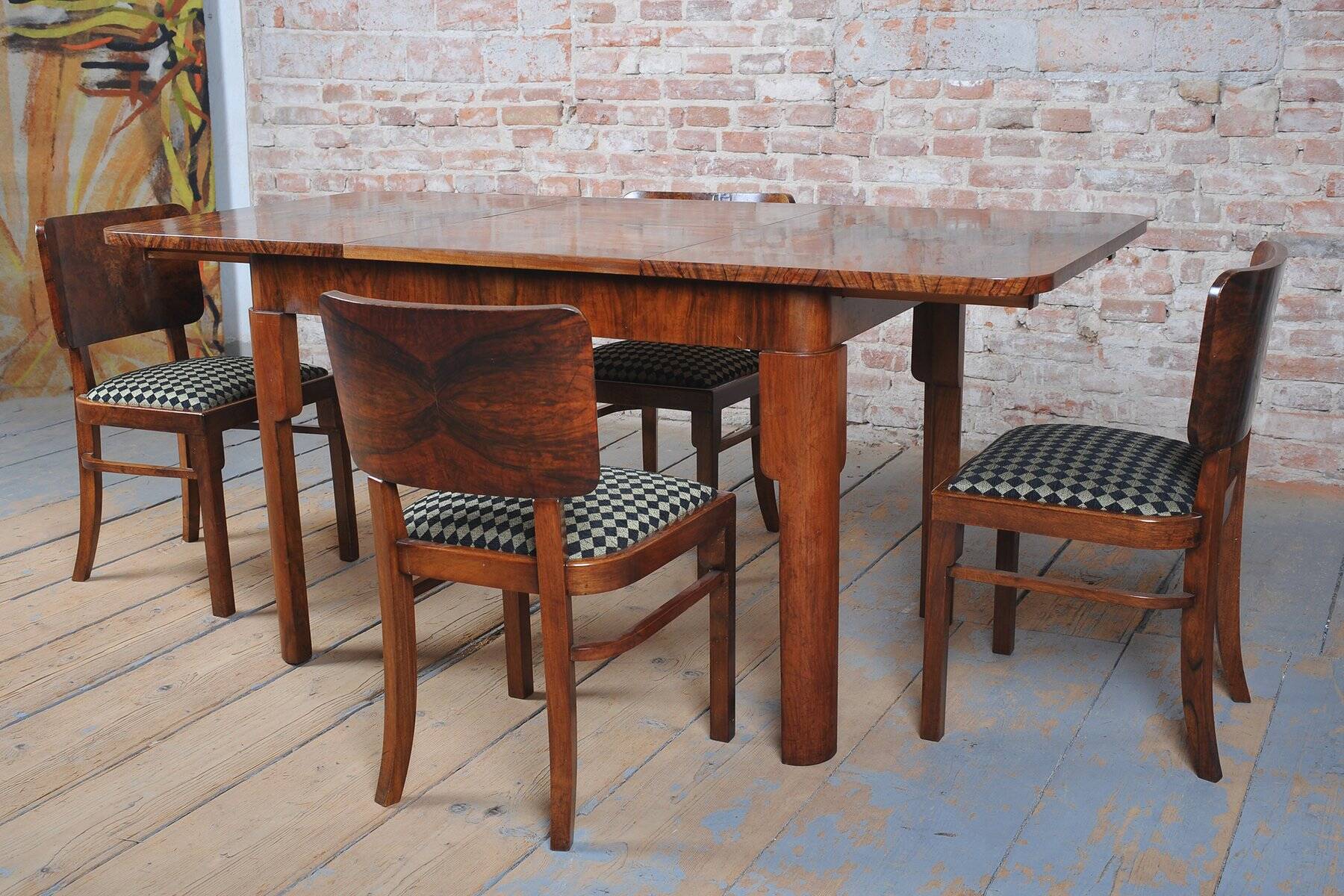 Vintage Art Deco Chairs in Beech and Walnut Veneer, Czech, 1920s, Set of 4