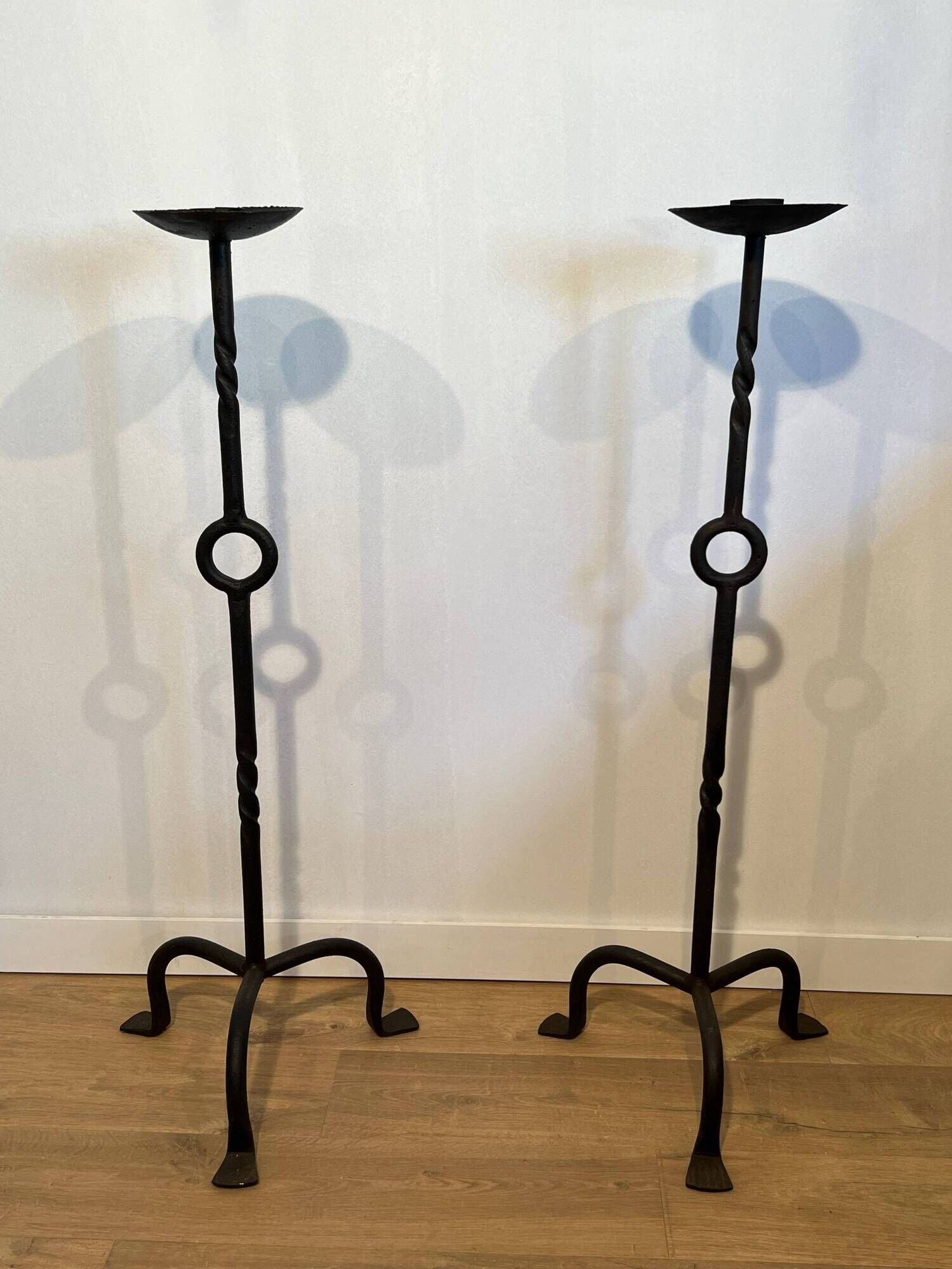 Pair of Iron Forged Candle Holders on a Stand with a Twisted Shaft and Ring. Work