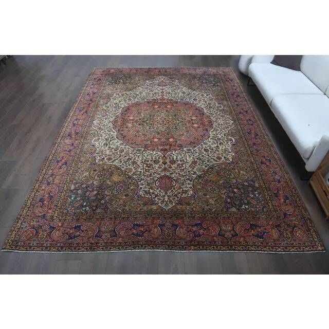 1960s Vintage Persian Handmade Wool Cotton Light Red Area Rug 253x340