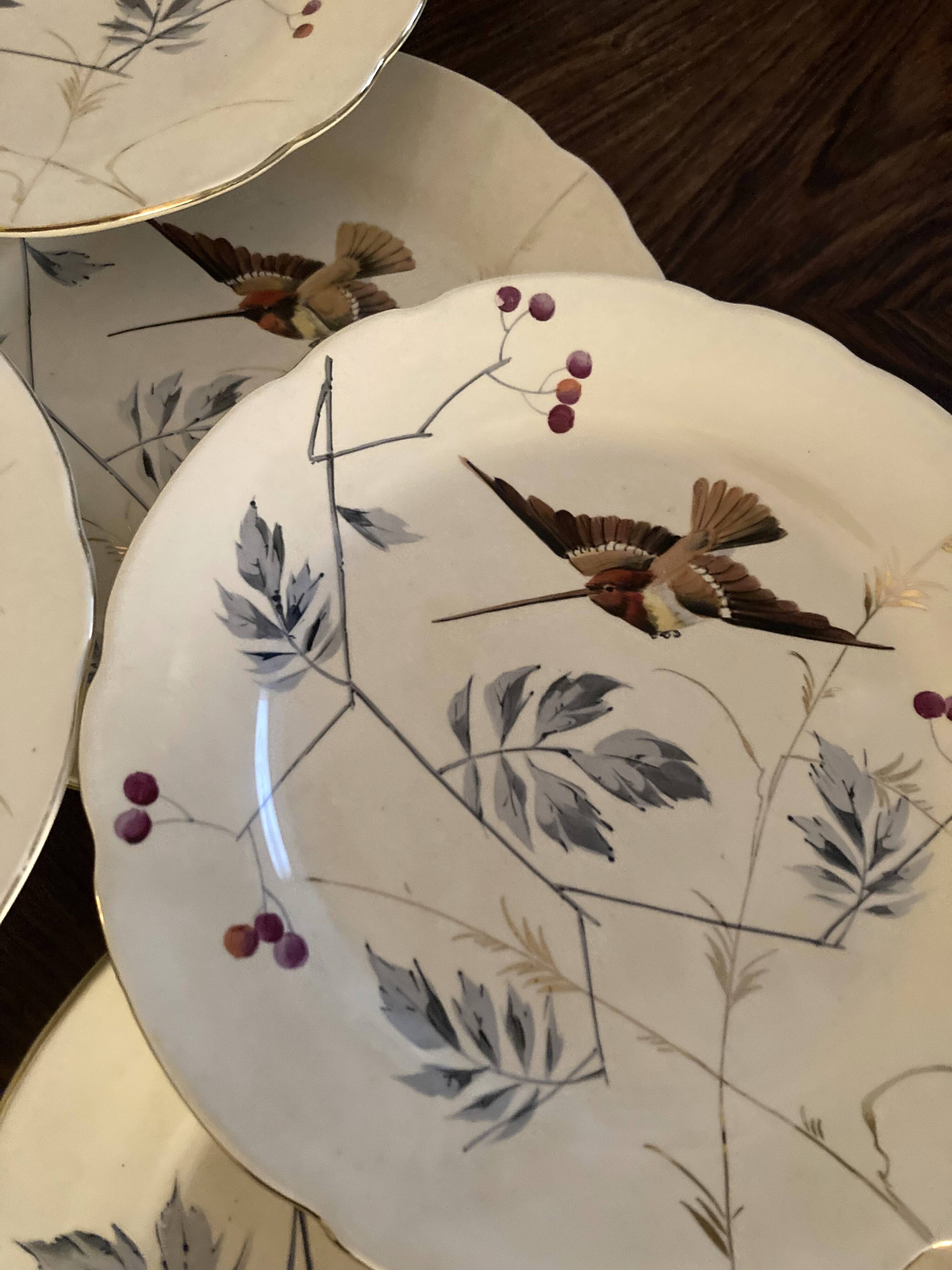 13 decorative plates with hummingbird design in fine earthenware by Mouzin Lecat, 19th century.