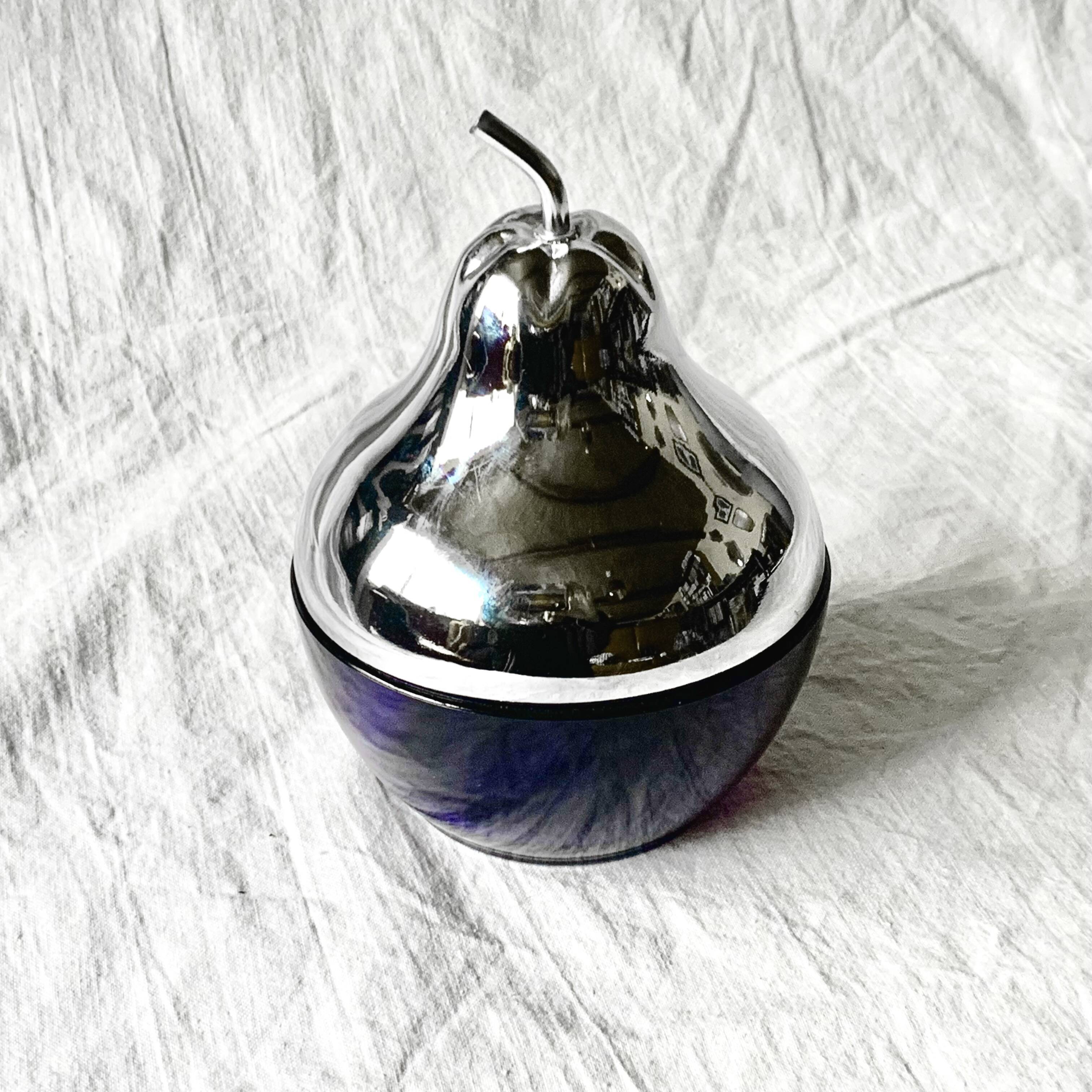 Vintage pear jam and sugar bowl in chromed metal and cobalt blue glass