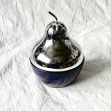 Vintage pear jam and sugar bowl in chromed metal and cobalt blue glass