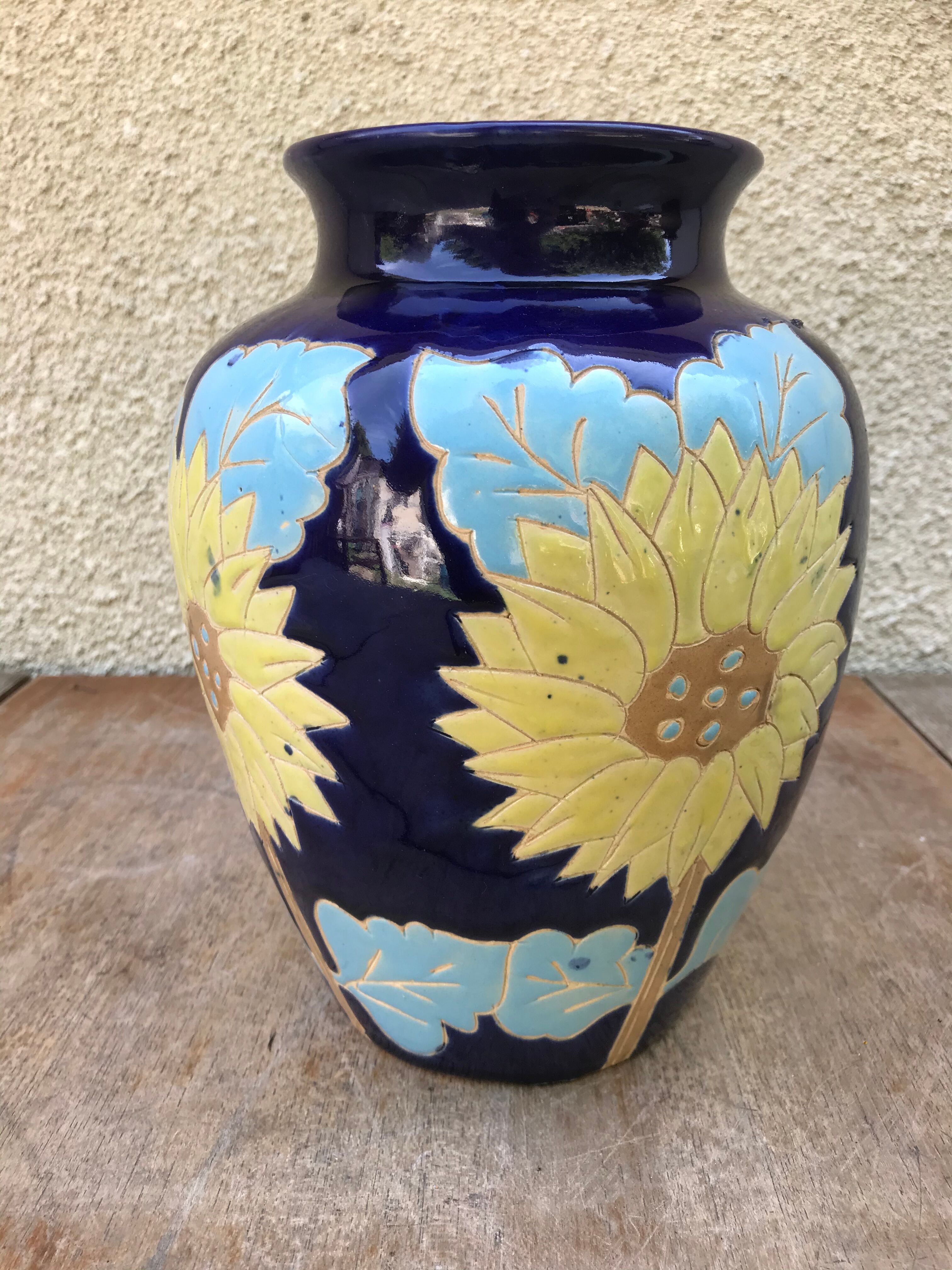 Ancient Blue Enamelled Ceramic Vase Decor Yellow Flowers 60s Vintage