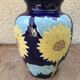 Ancient Blue Enamelled Ceramic Vase Decor Yellow Flowers 60s Vintage