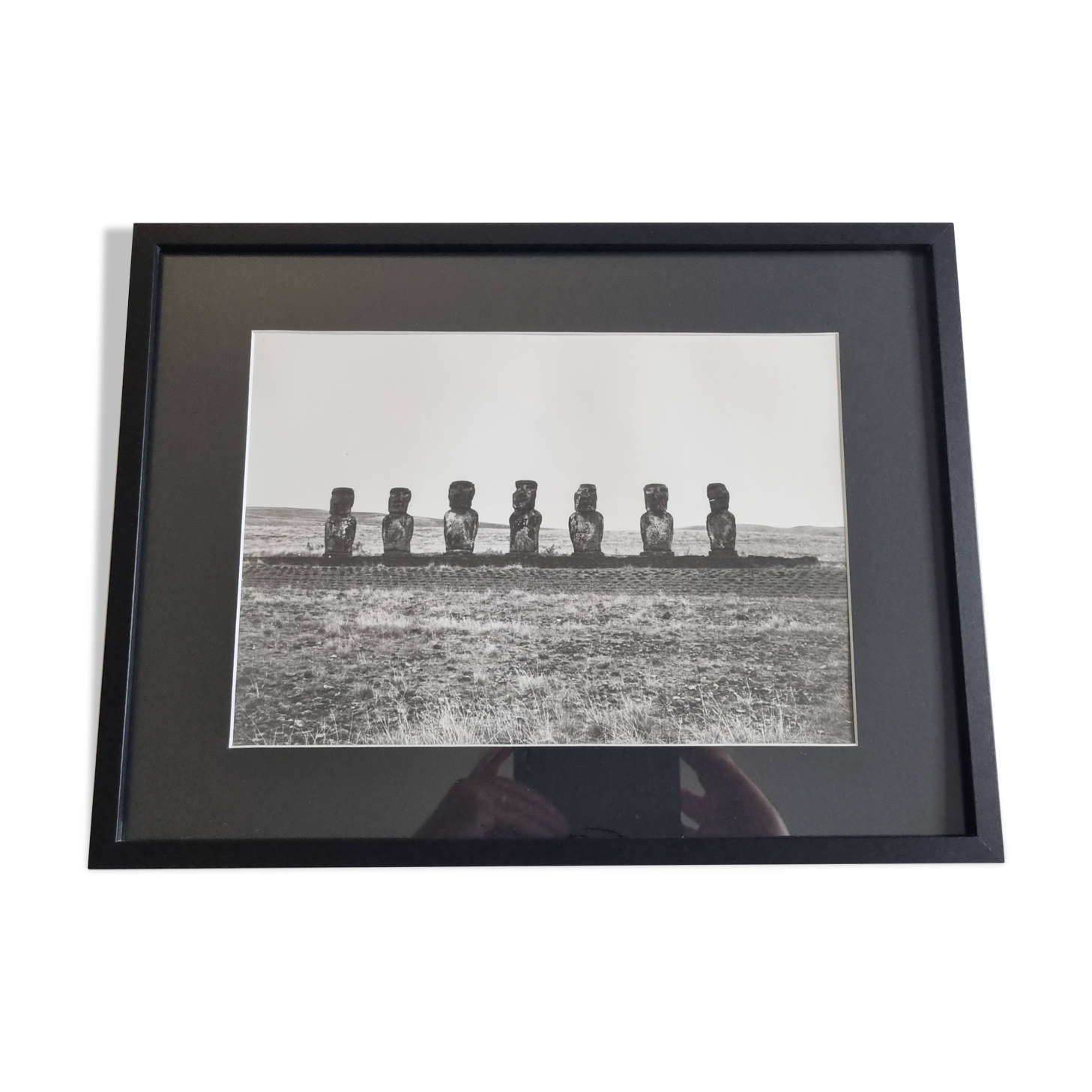 Vintage framed silver print, Moais of Easter Island, ethnological mission from 1970