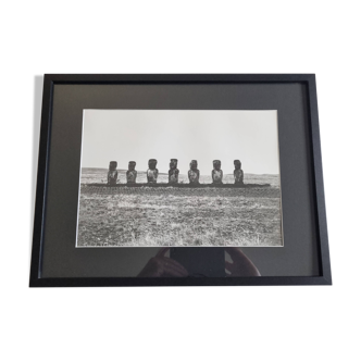 Vintage framed silver print, Moais of Easter Island, ethnological mission from 1970
