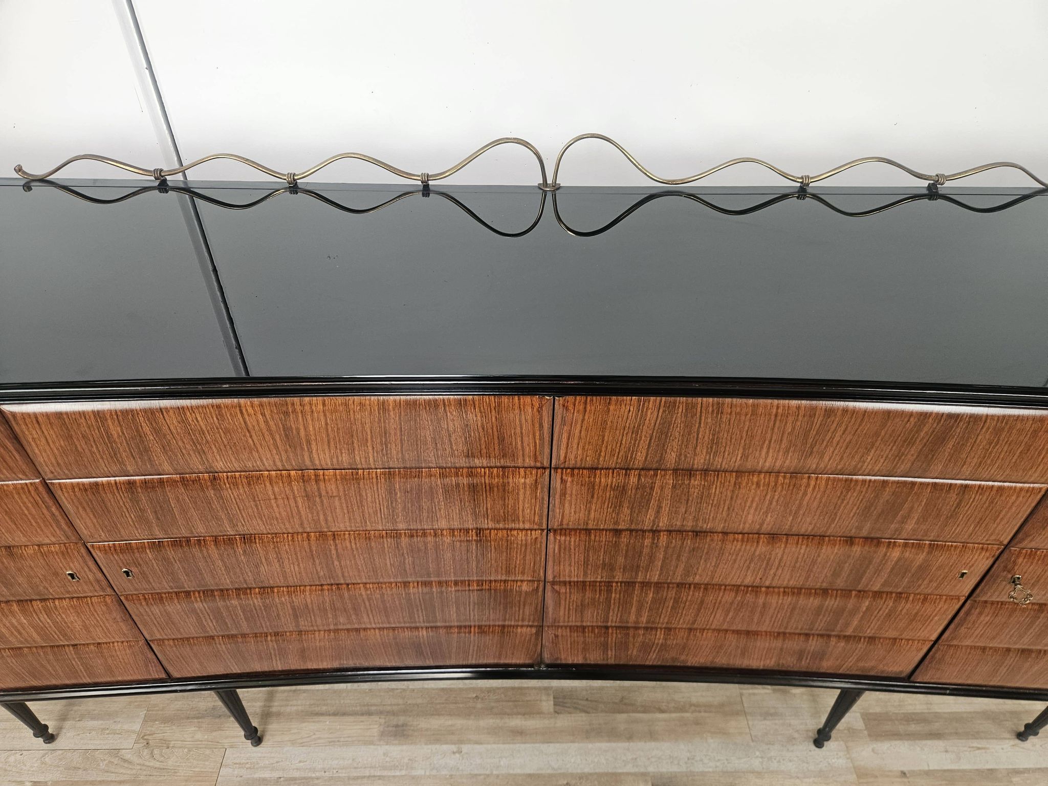 Vittorio Dassi Rosewood Credenza with Black Glass Top, Italian 1940