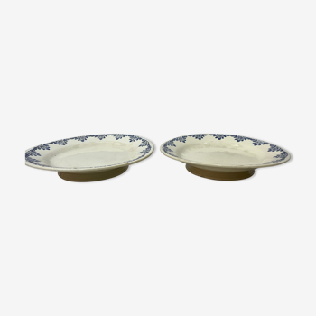 Paire de plats coupe sur pied faience blanc et bleu