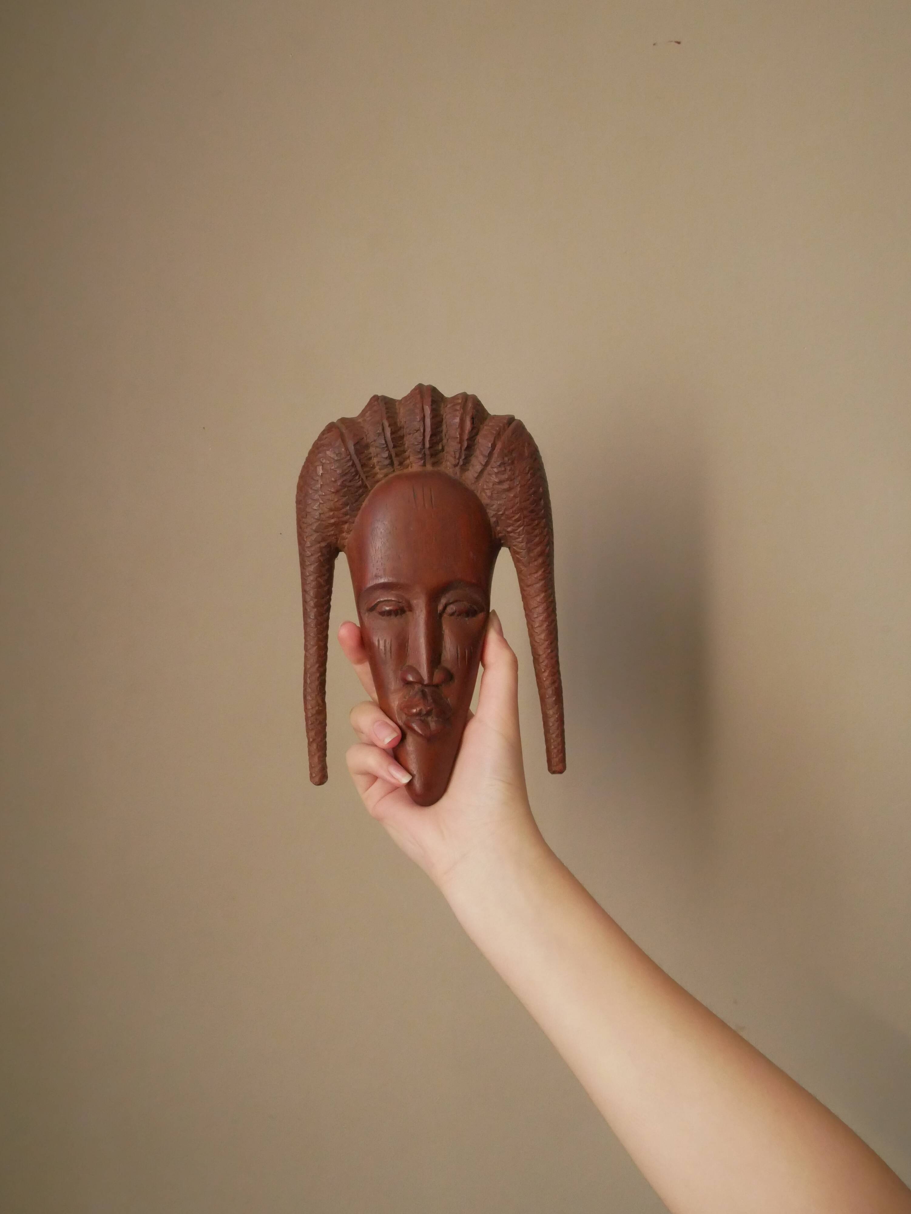 Carved wooden mask African art woman face handcrafted tribal ethnic decoration