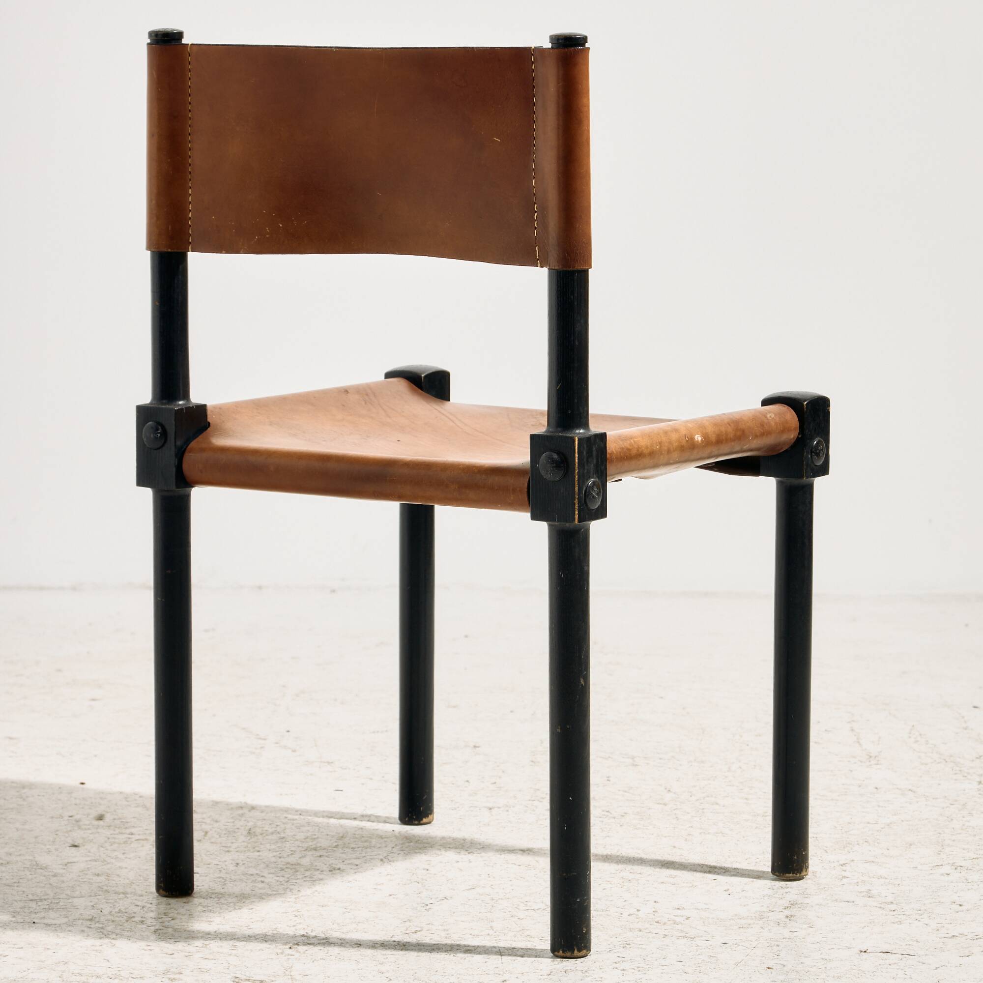 Brutalist beech and leather chair, set of 4