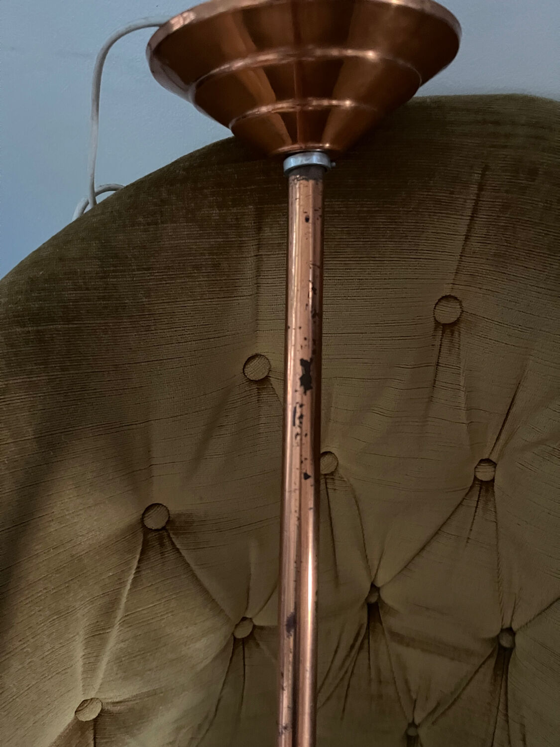 Opaline white globe pendant light with metal stem, Art Deco style.