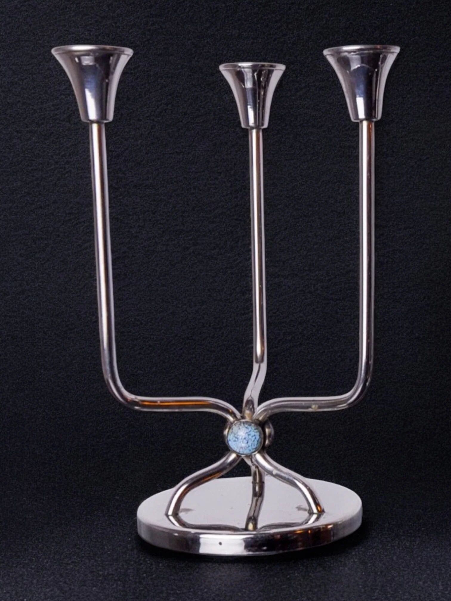 Art deco candlestick in stainless steel, 3 flames and blue stones, Spain, 1970