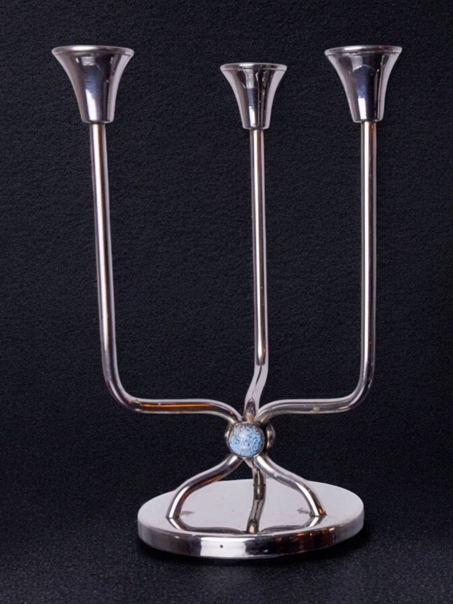 Art deco candlestick in stainless steel, 3 flames and blue stones, Spain, 1970