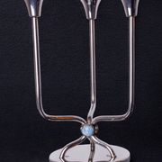 Art deco candlestick in stainless steel, 3 flames and blue stones, Spain, 1970