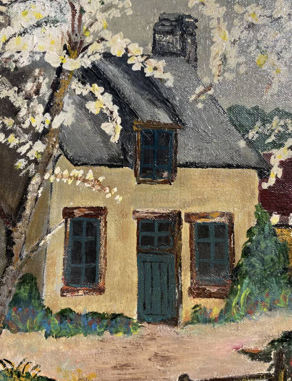 Painting of a farm in a landscape, oil on canvas with frame